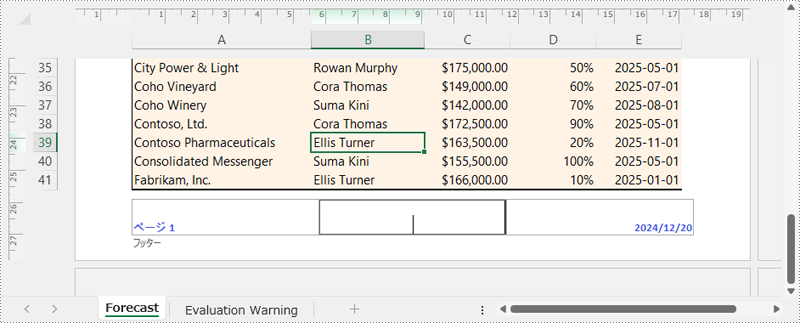  Spire.XLS で Excel にフッターを追加した結果