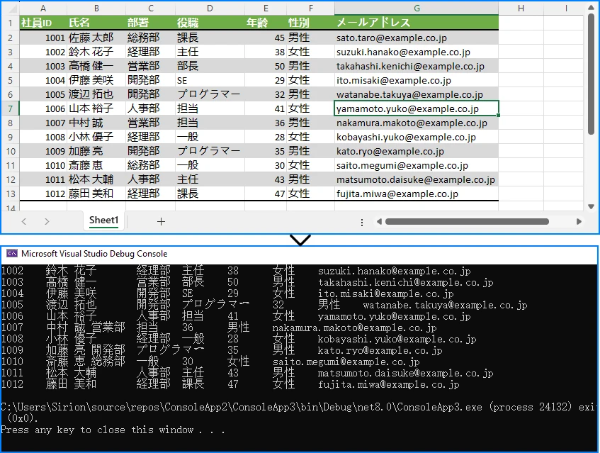 C# Excel を DataTable に変換した結果
