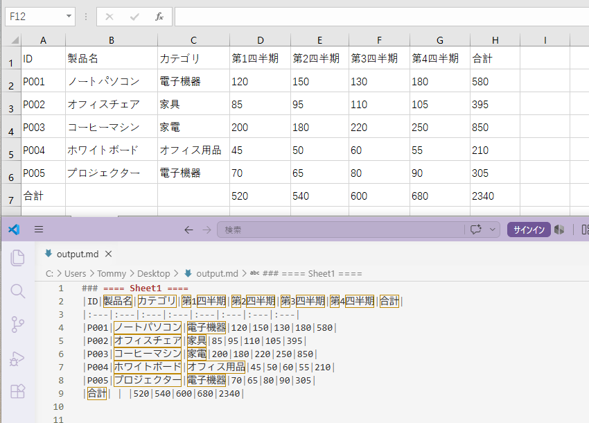 Python：Excel ファイルを Markdown に変換