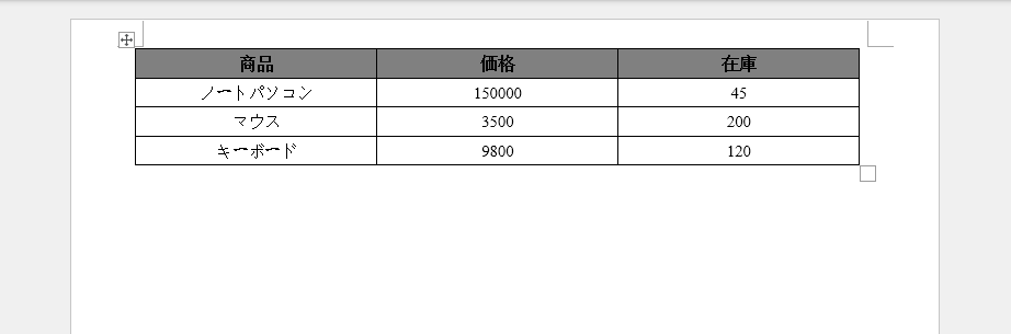 JSON 配列が Word テーブルに変換