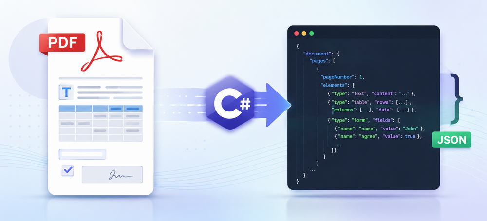 C#で PDF を JSON に変換 — テキスト、テーブル、フォームフィールドを構造化 JSON に抽出