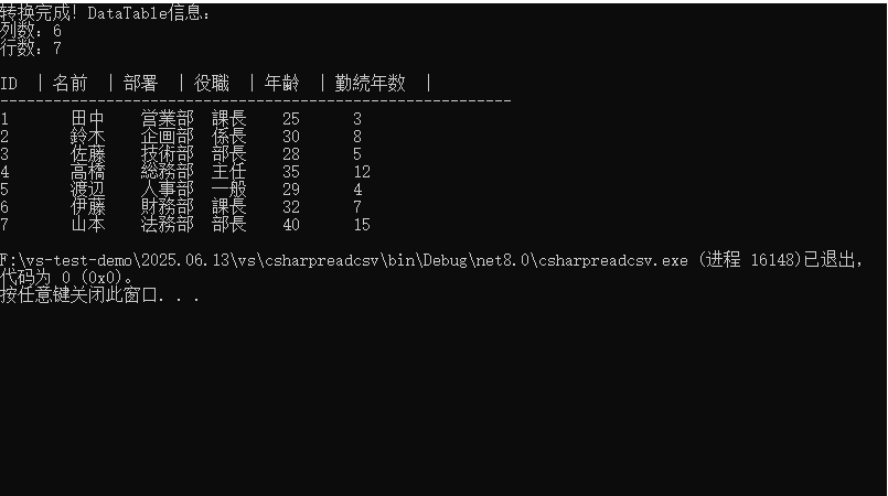 C#：CSV を DataTable に変換する