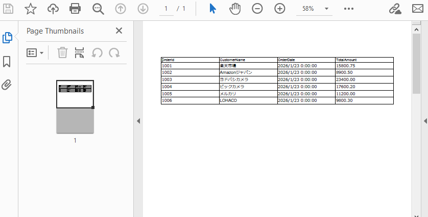 C# の DataTable からエクスポートされた PDF テーブル