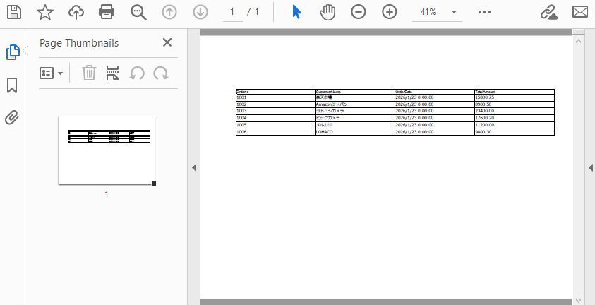 ページ設定後のDataTableからエクスポートされたPDFテーブル