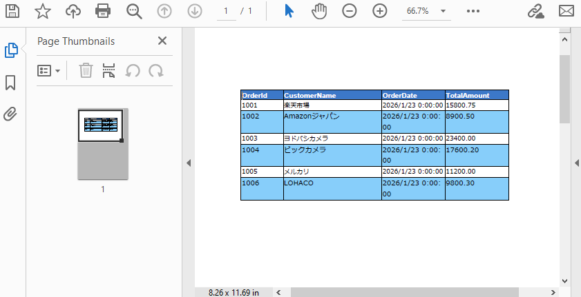 DataTableからスタイル設定後にエクスポートされたPDFテーブル