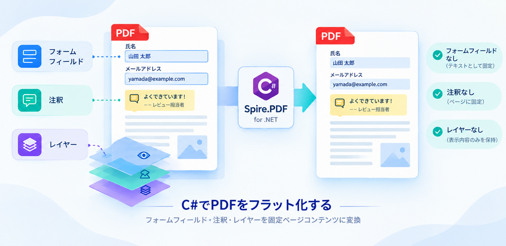 C# と Spire.PDF で PDF をフラット化 -- フォームフィールド、注釈、レイヤーが固定ページコンテンツに変換される