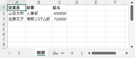 C# で作成した従業員情報の Excel ワークシート