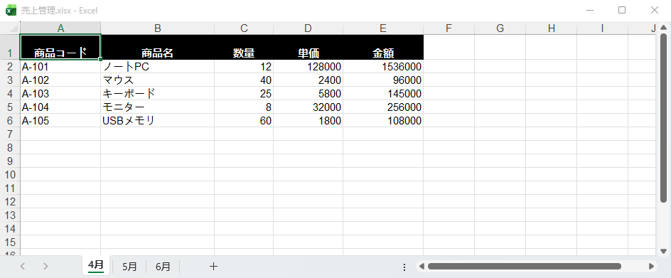 変換元の Excel ワークブック（売上管理.xlsx の 4 月シート）