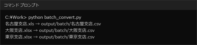 フォルダ内の Excel を一括で CSV に変換したときのコンソール出力