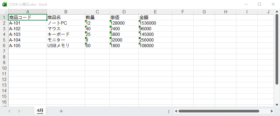 CSV から復元した Excel ファイル（CSVから復元.xlsx）