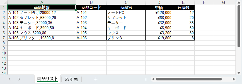 単価と在庫数を数値セルとして書き込み、表示形式を設定した結果