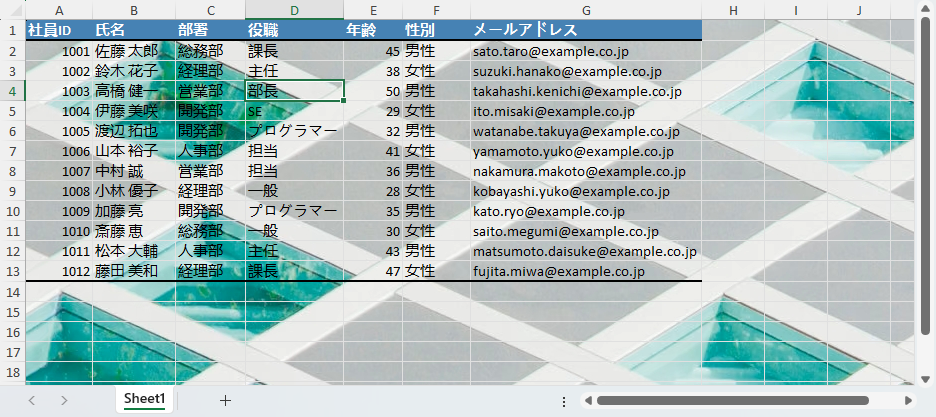 Excel の背景画像とセルの塗りつぶしを重ねた結果